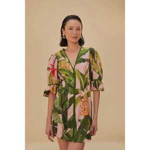 Pink Banana Leaves V Neck Mini Dress